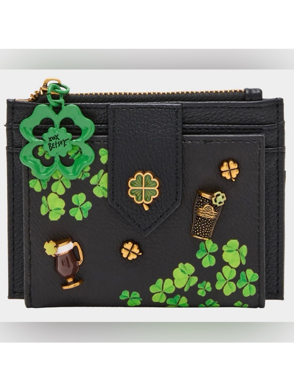 NWTBetsey Johnson Black Card Holder with Green Clover & Gold Beer Charms